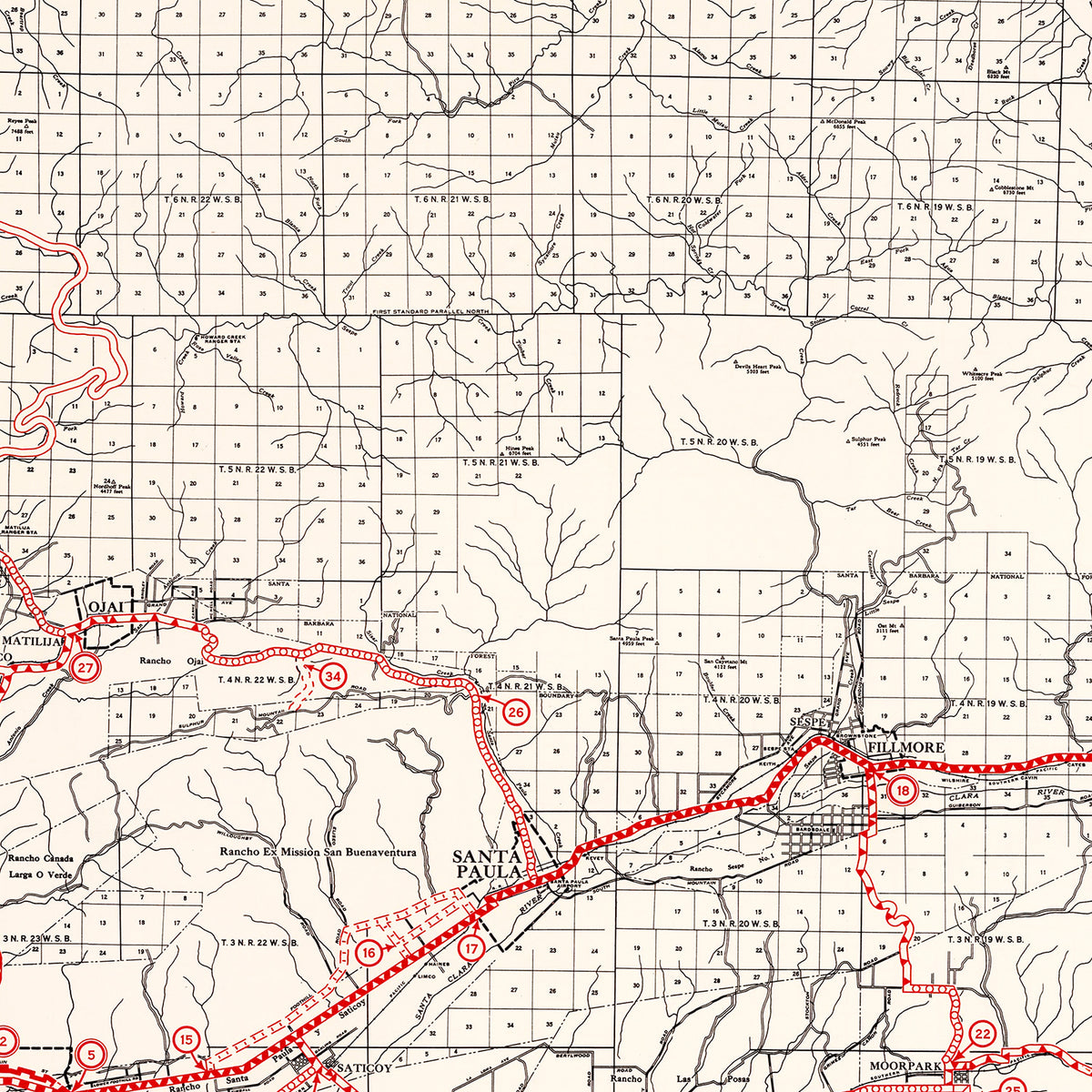 Restored historic details from the 1935 county map of Ventura County, California