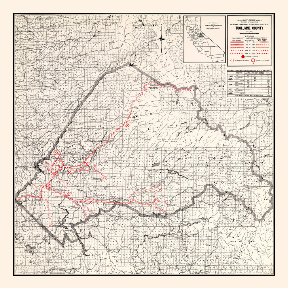 Vintage Map of Tuolumne County, California 1935 print style example