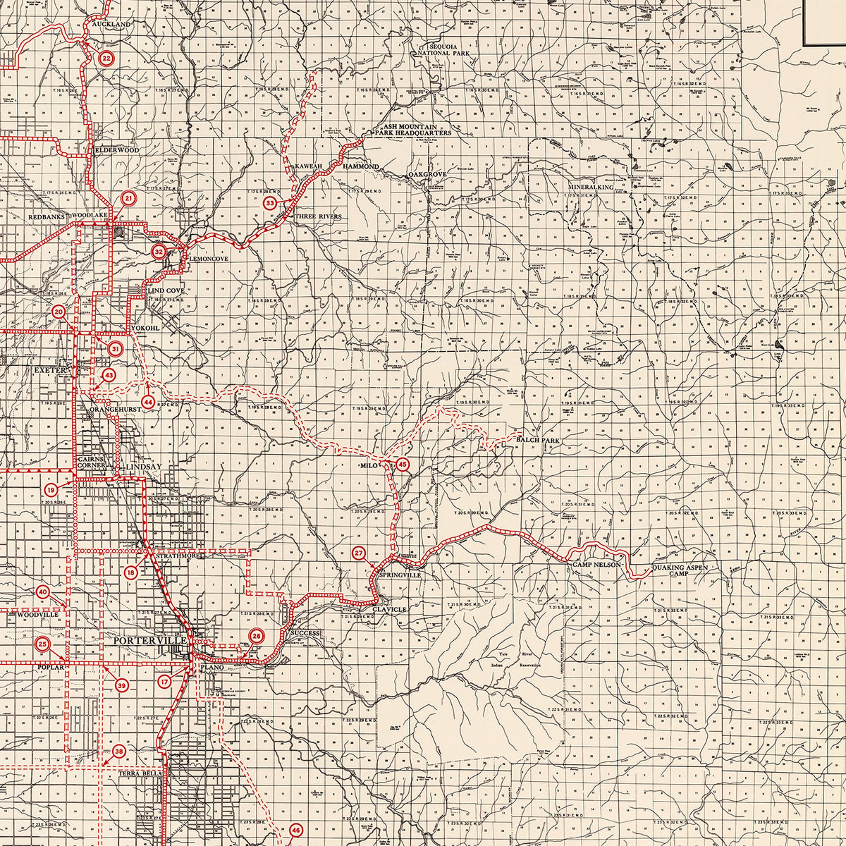 Restored historic details from the 1935 county map of Tulare County, California