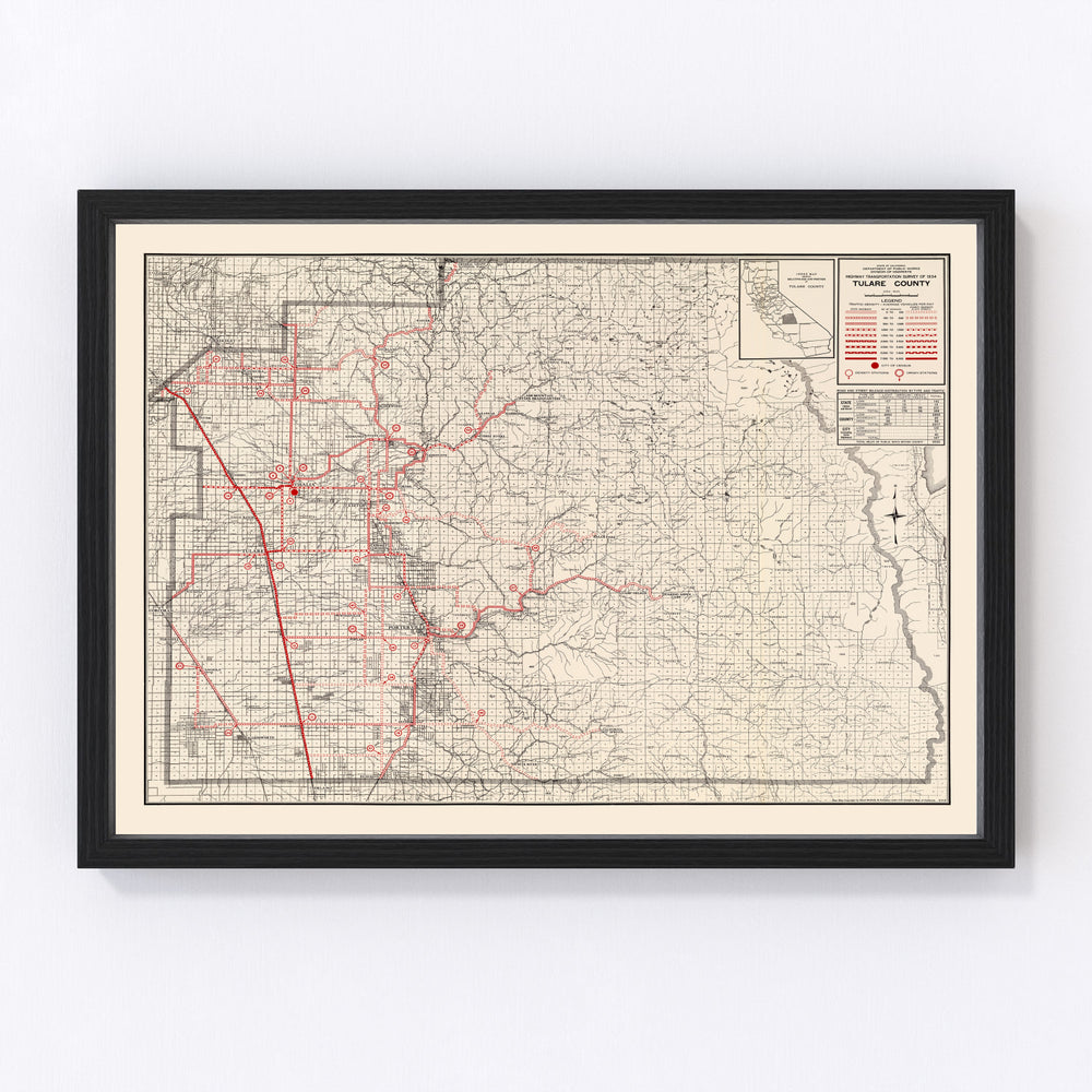 Tulare County Vintage Map 1935