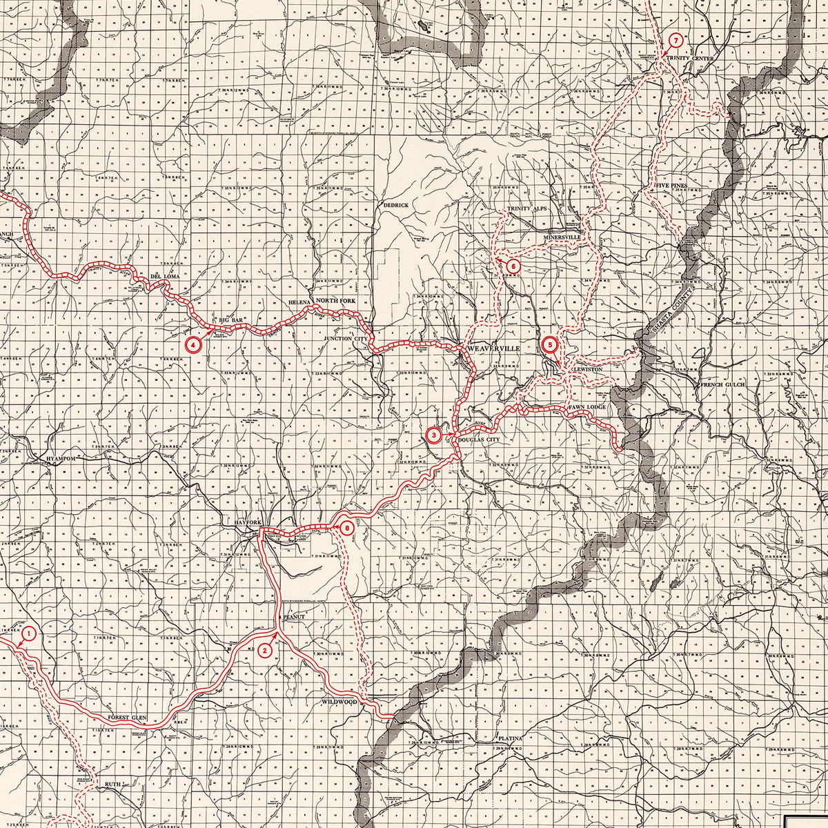 Restored historic details from the 1935 county map of Trinity County, California