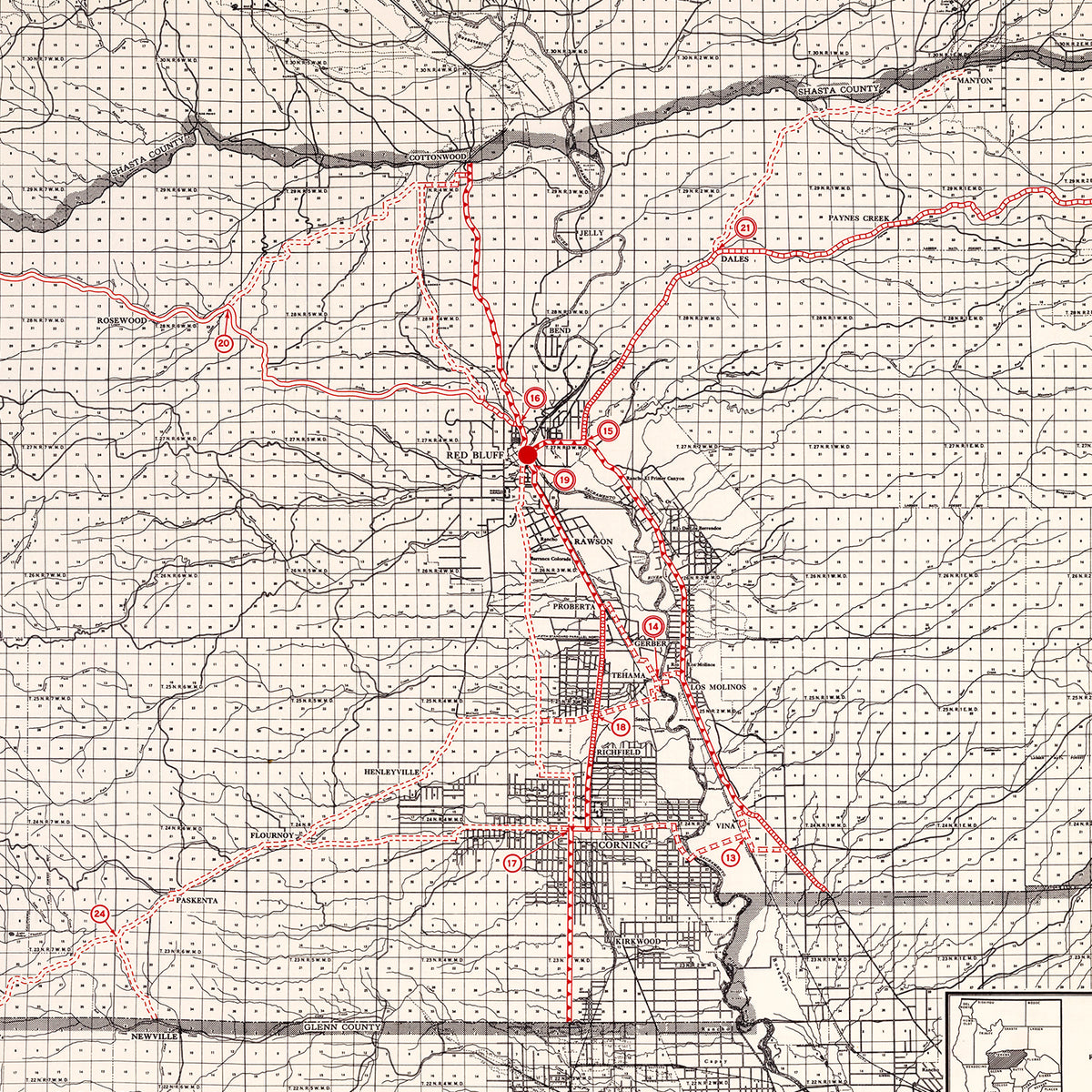 Restored historic details from the 1935 county map of Tehama County, California