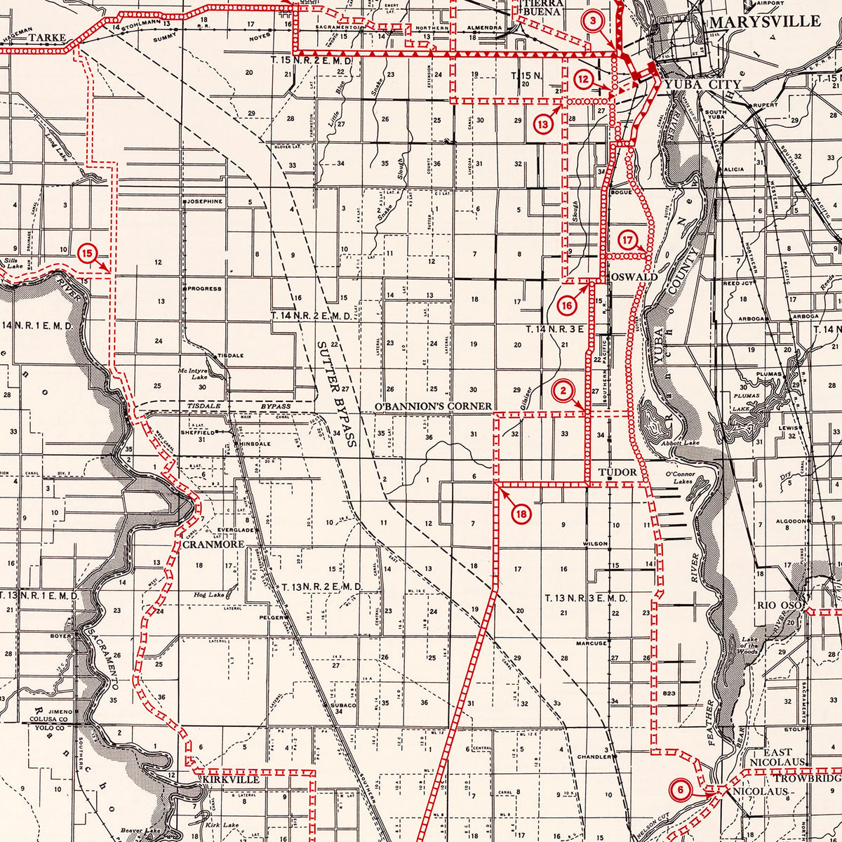 Restored historic details from the 1935 county map of Sutter County, California
