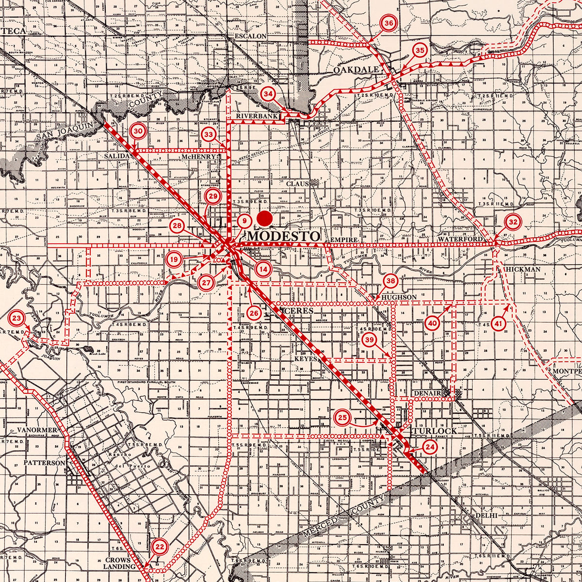 Restored historic details from the 1935 county map of Stanislaus County, California