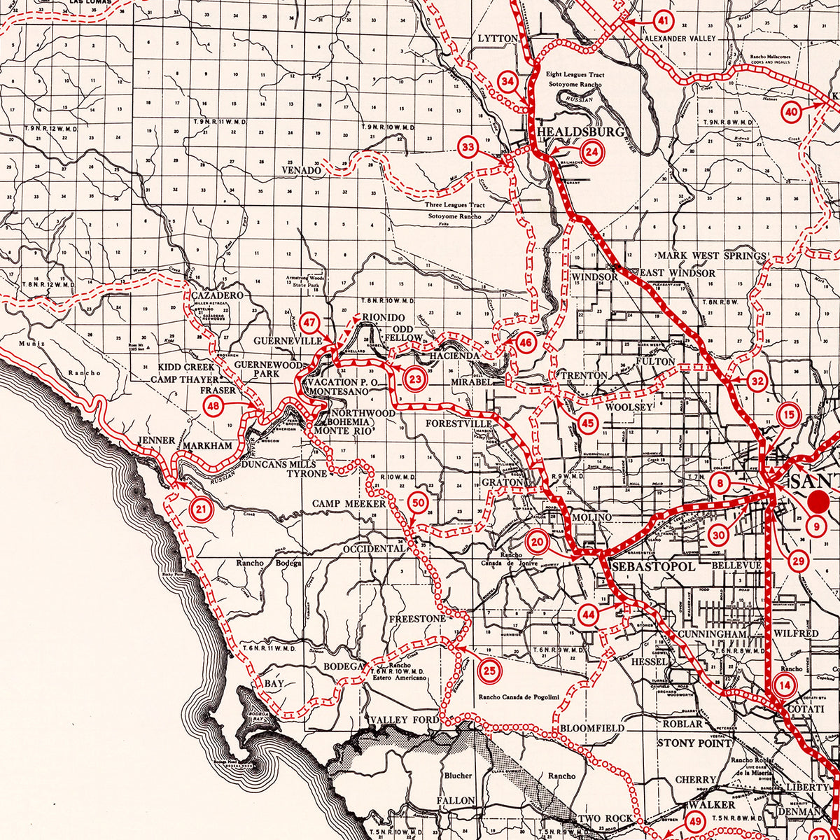 Restored historic details from the 1935 county map of Sonoma County, California