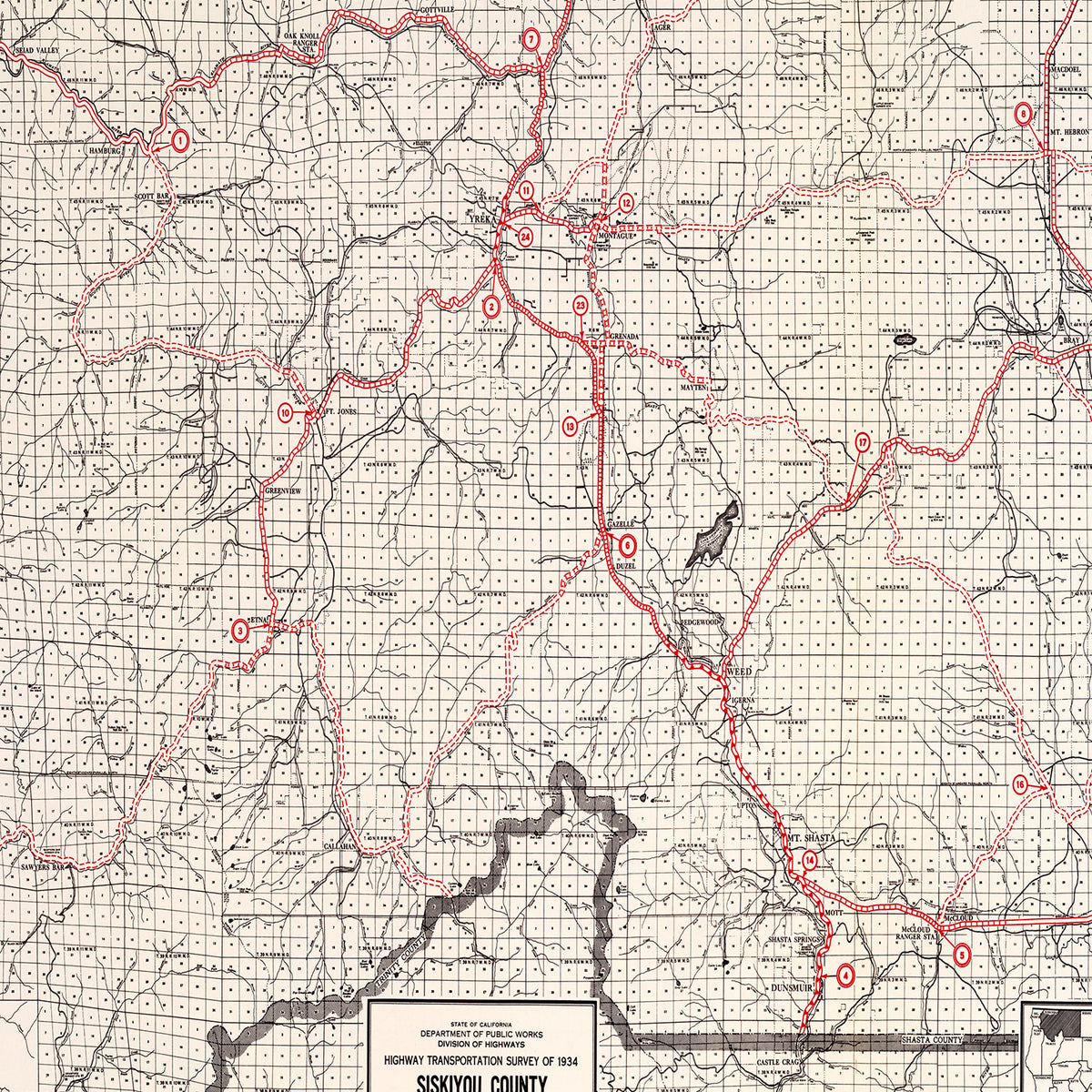 Restored historic details from the 1935 county map of Siskiyou County, California