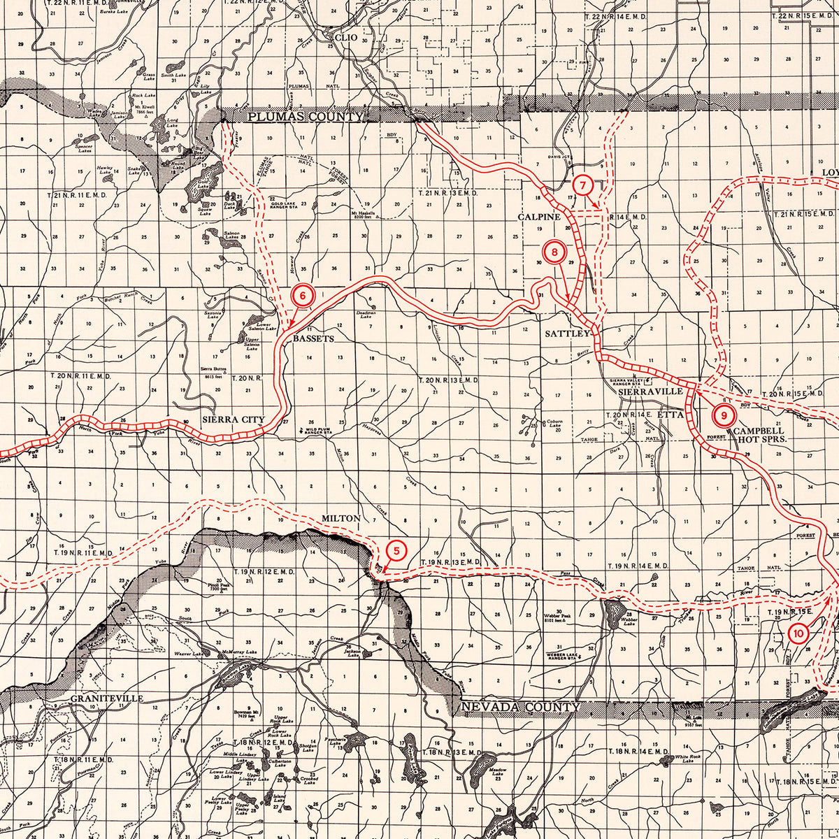 Restored historic details from the 1935 county map of Sierra County, California