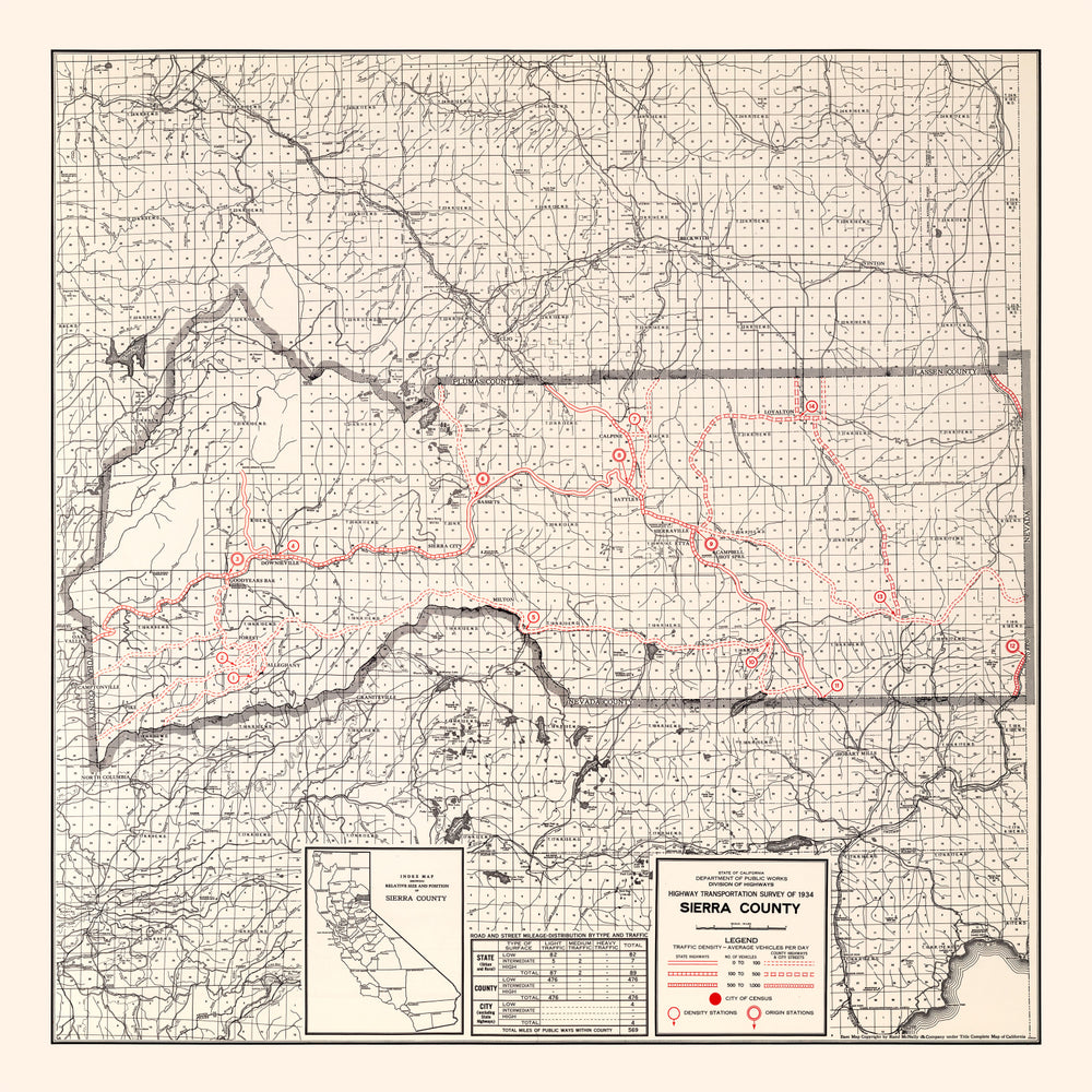 Vintage Map of Sierra County, California 1935 print style example