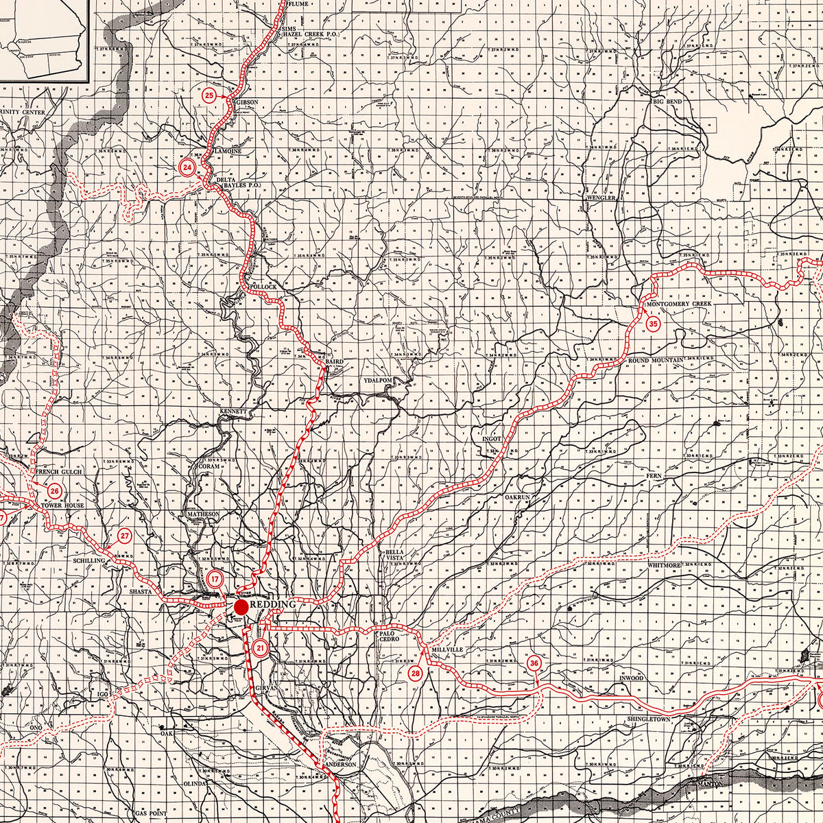 Restored historic details from the 1935 county map of Shasta County, California