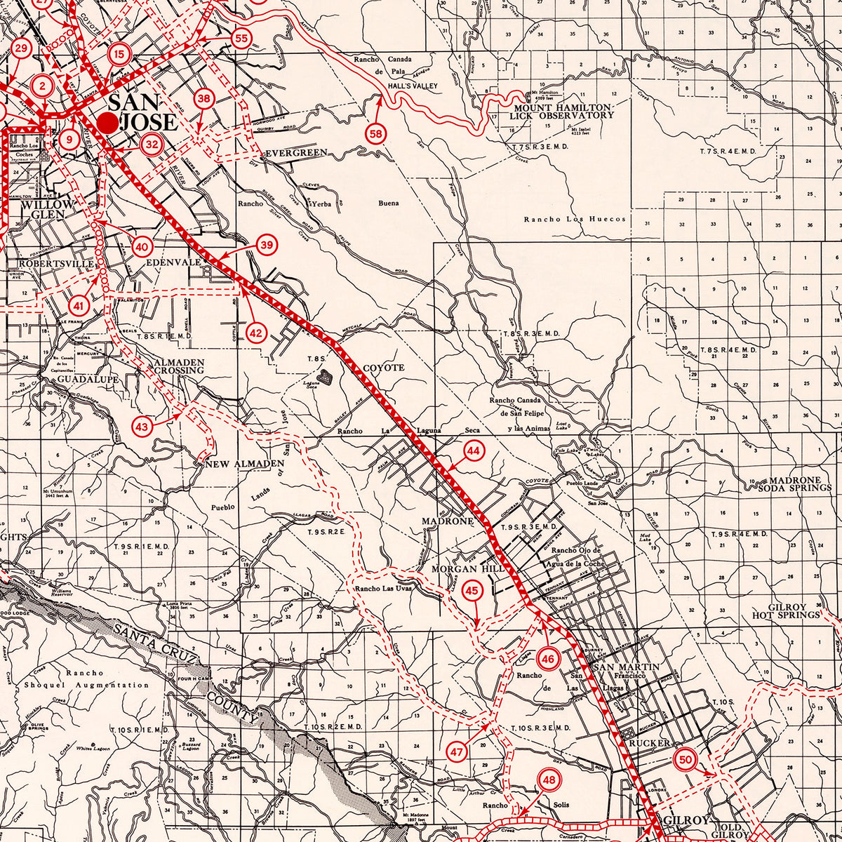 Restored historic details from the 1935 county map of Santa Clara County, California