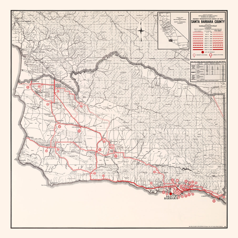 Vintage Map of Santa Barbara County, California 1935 print style example