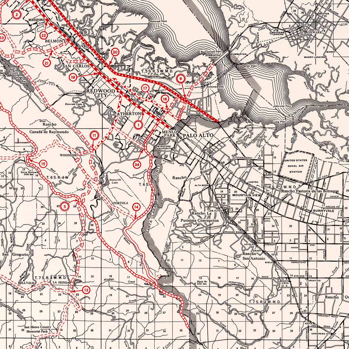 Restored historic details from the 1935 county map of San Mateo County, California