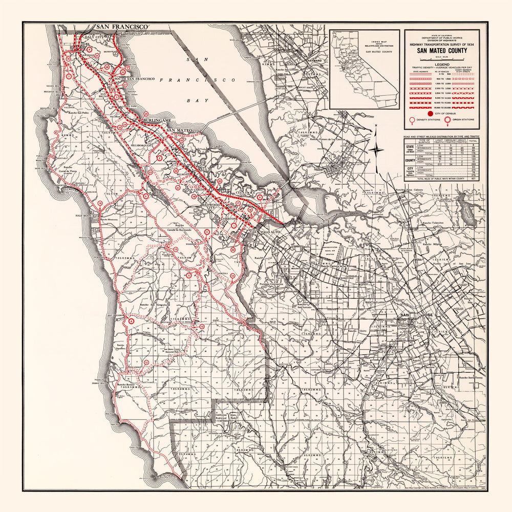 Vintage Map of San Mateo County, California 1935 print style example