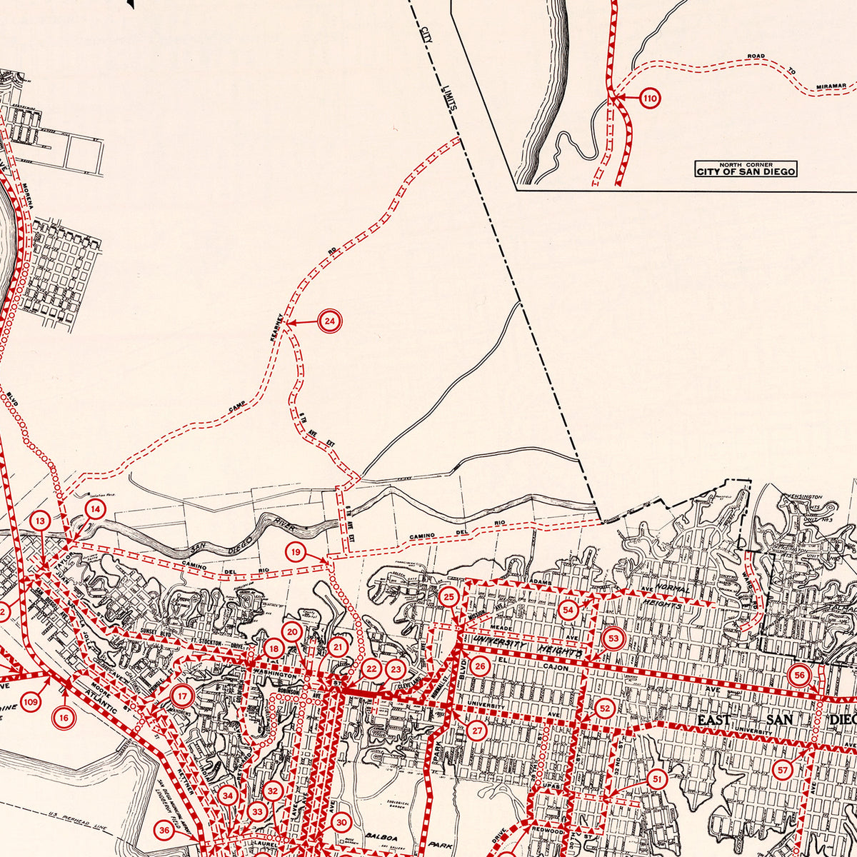 Restored historic details from the 1935 city map of San Diego, California