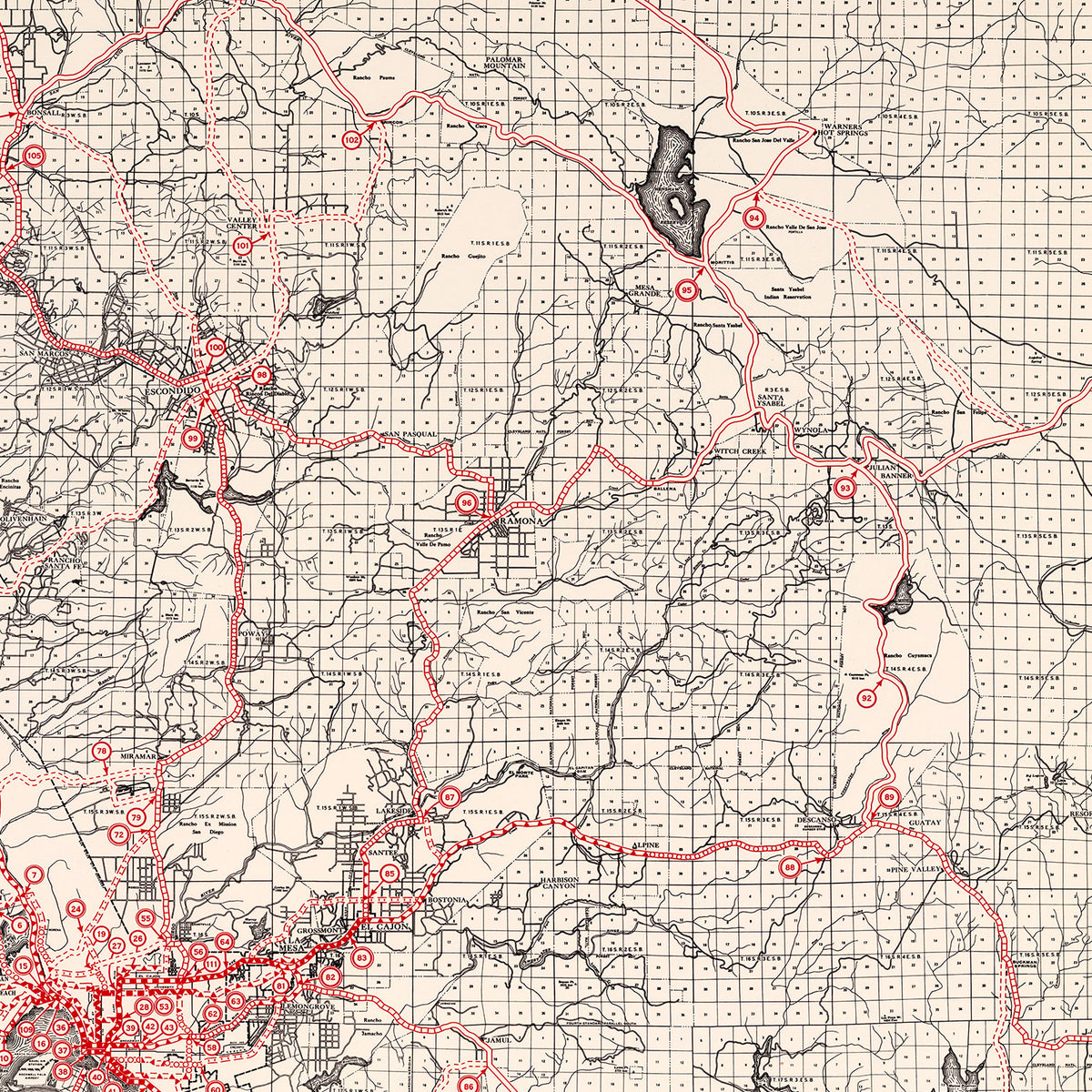 Restored historic details from the 1935 county map of San Diego County, California