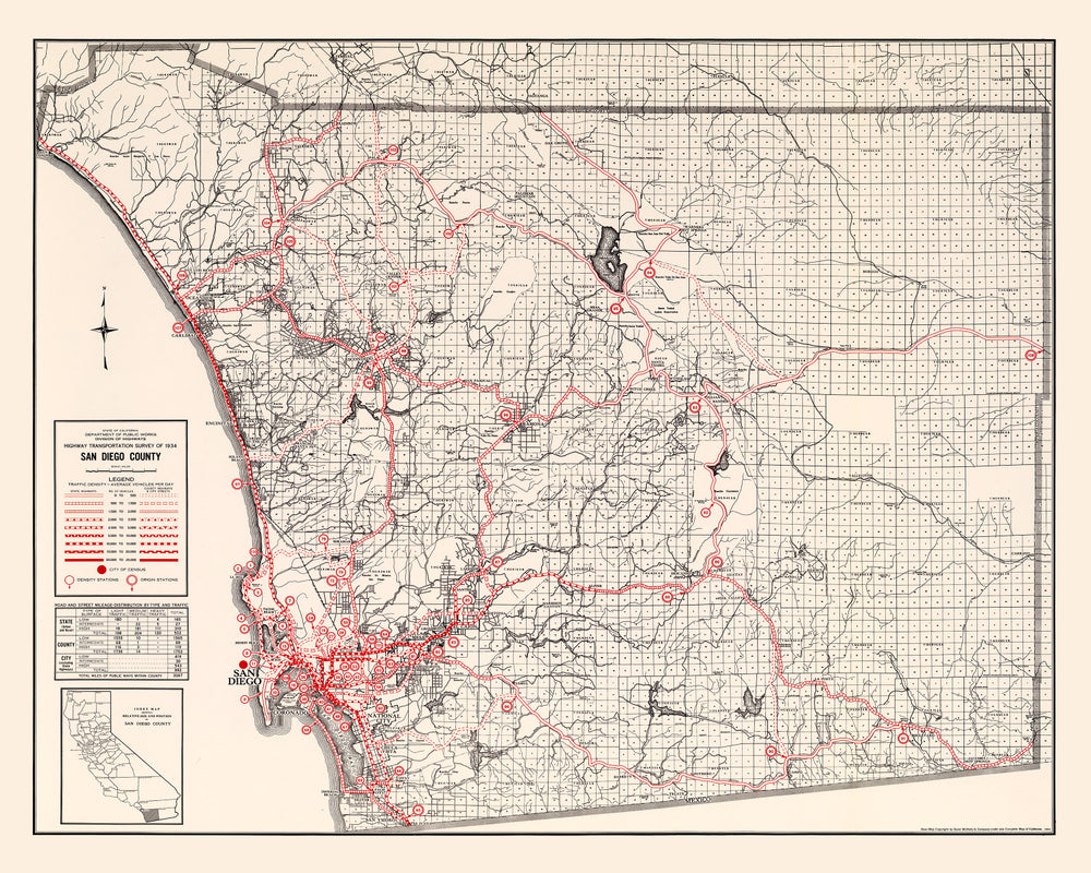 Vintage Map of San Diego County, California 1935 print style example