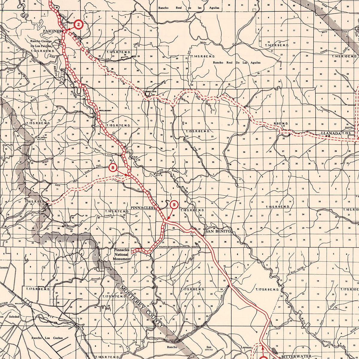 Restored historic details from the 1935 county map of San Benito County, California
