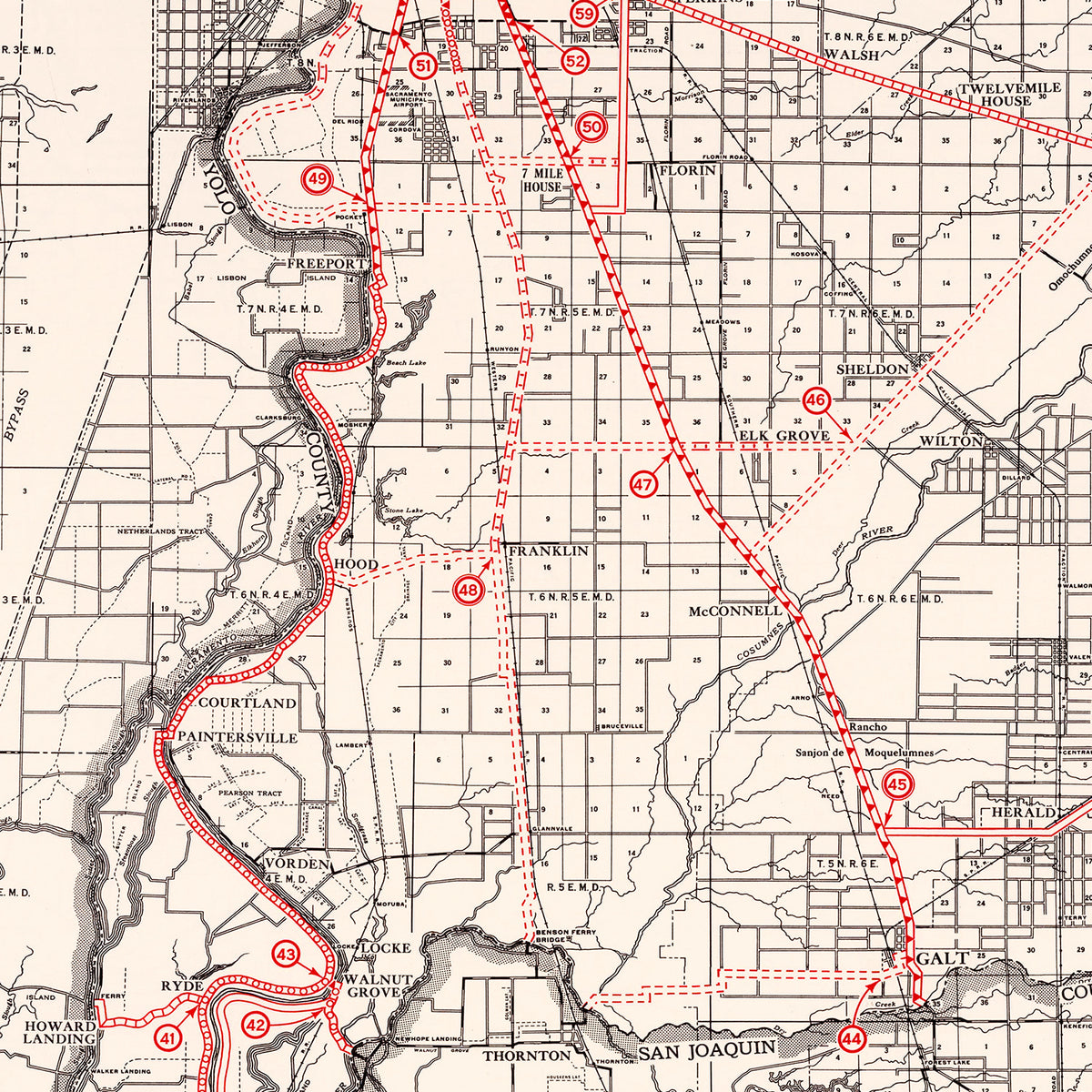 Restored historic details from the 1935 county map of Sacramento County, California