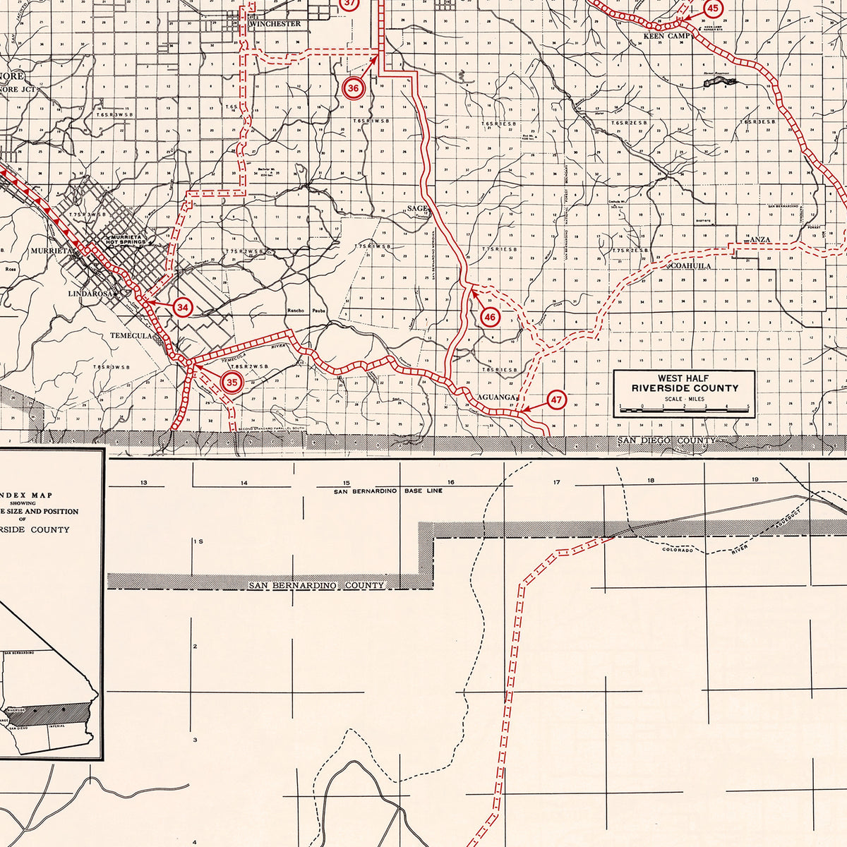 Restored historic details from the 1935 county map of Riverside County, California