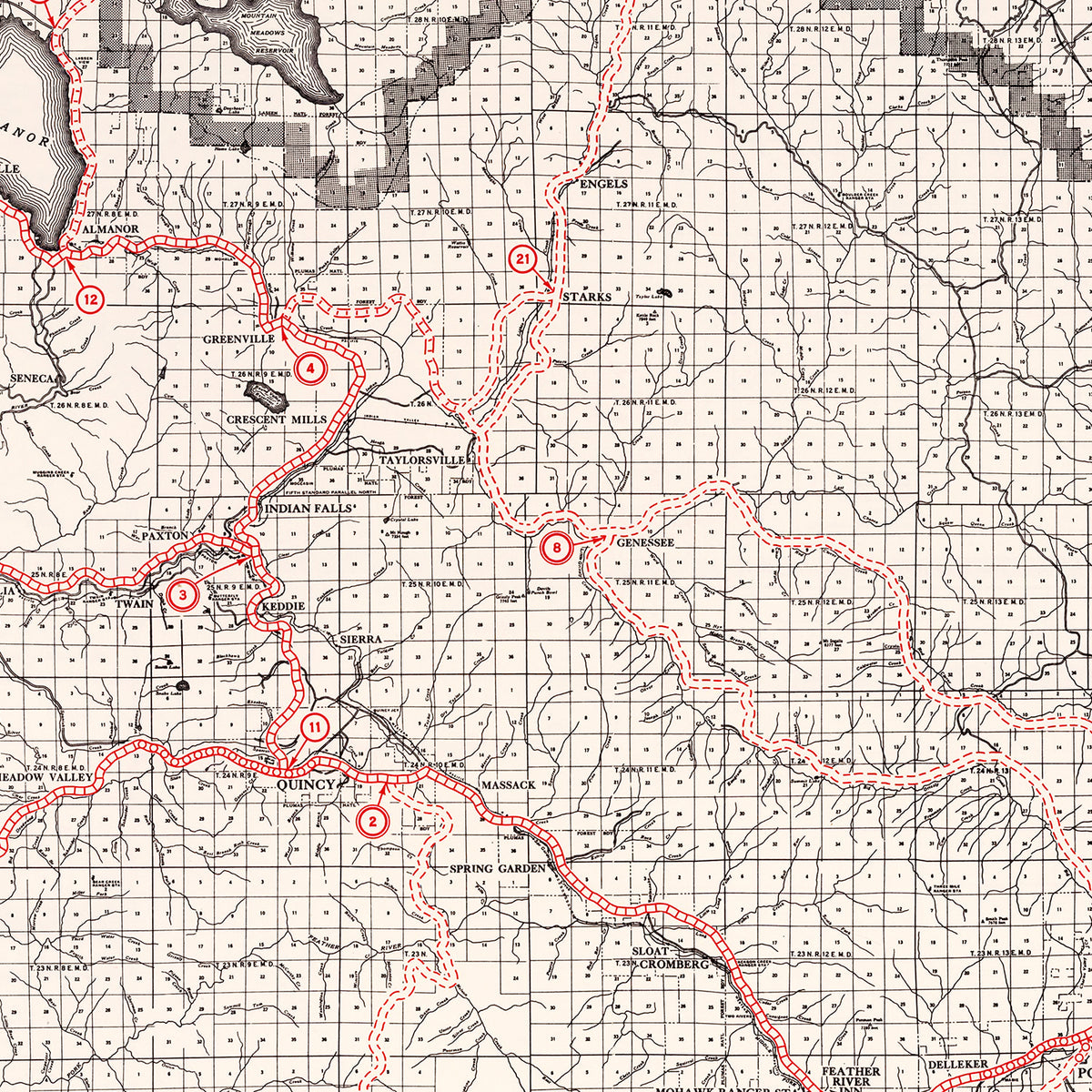 Restored historic details from the 1935 county map of Plumas County, California