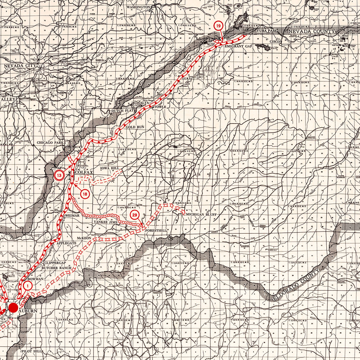 Restored historic details from the 1935 county map of Placer County, California
