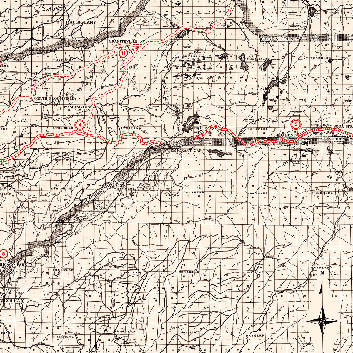 Restored historic details from the 1935 county map of Nevada County, California