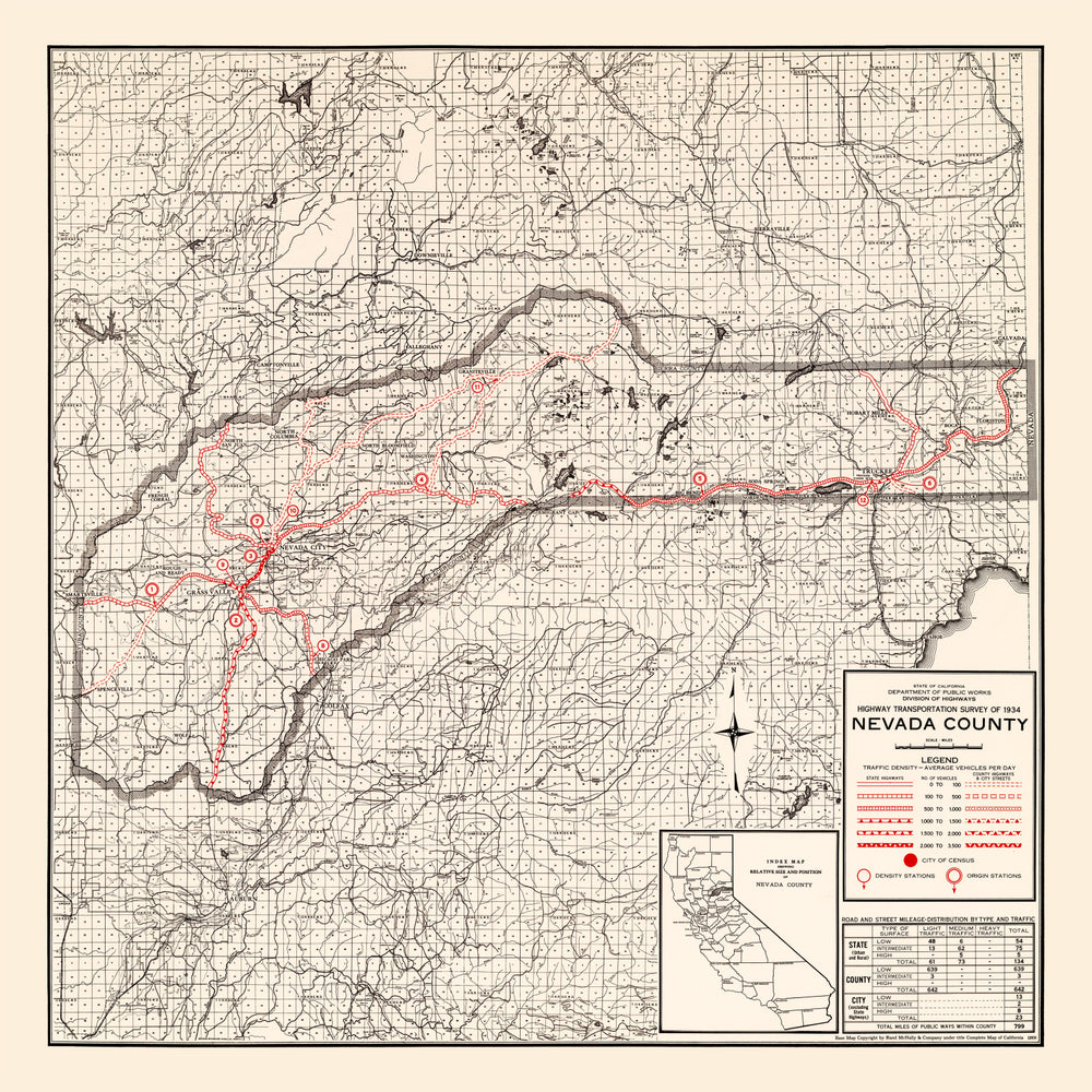 Vintage Map of Nevada County, California 1935 print style example
