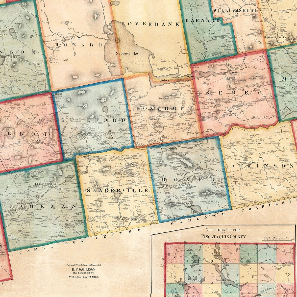 Restored historic details from the 1858 county map of Piscataquis County, Maine