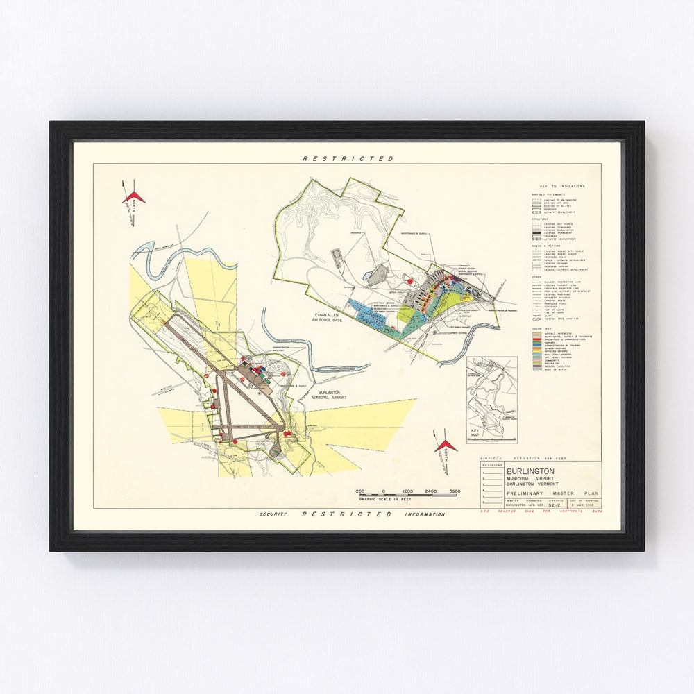 Burlington Municipal Airport Vintage Map 1952