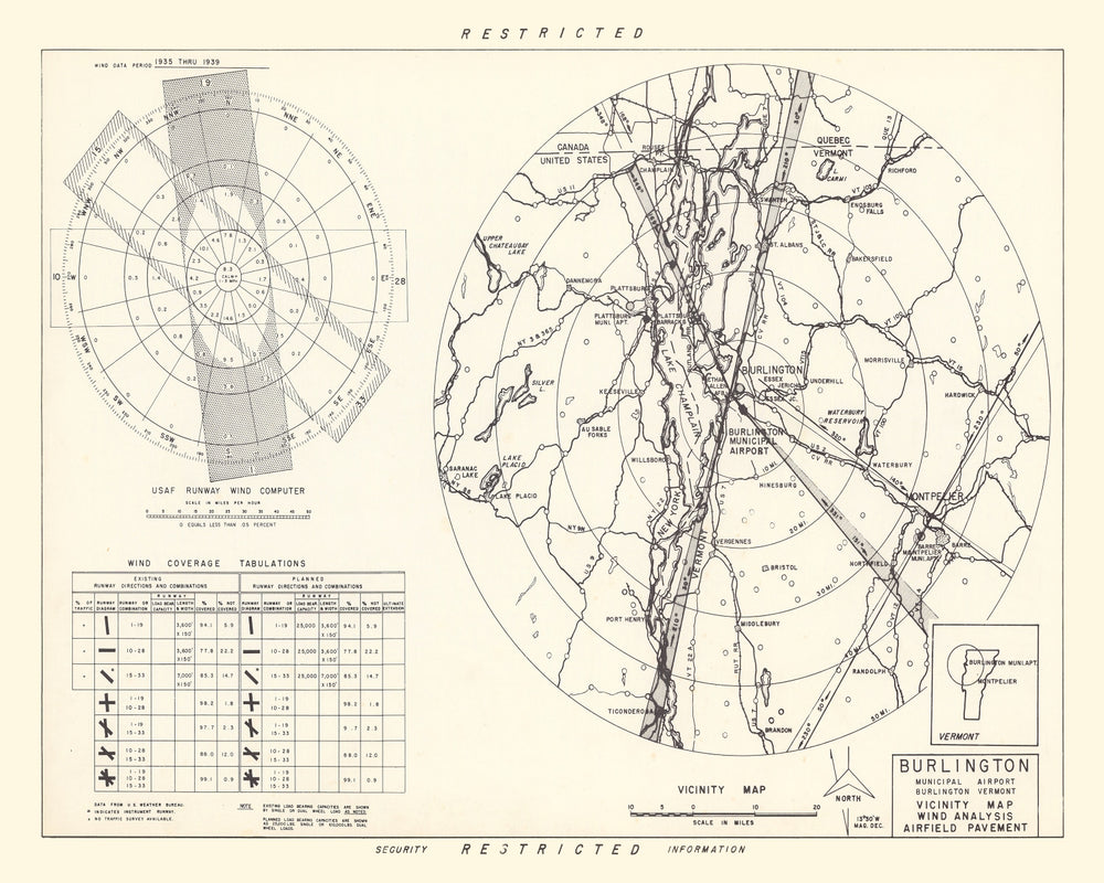 Vintage Map of the Burlington Municipal Airport Vicinity, 1952 print style example