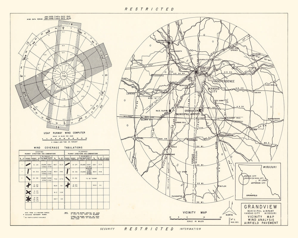 Vintage Map of the Grandview Municipal airport Vicinity, 1952 print style example