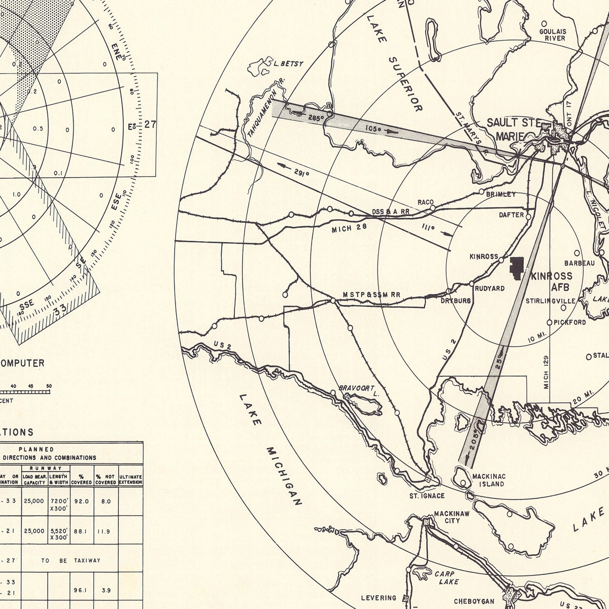 Restored historic details from the 1951 airfield map of Sault Sainte Marie, Michigan