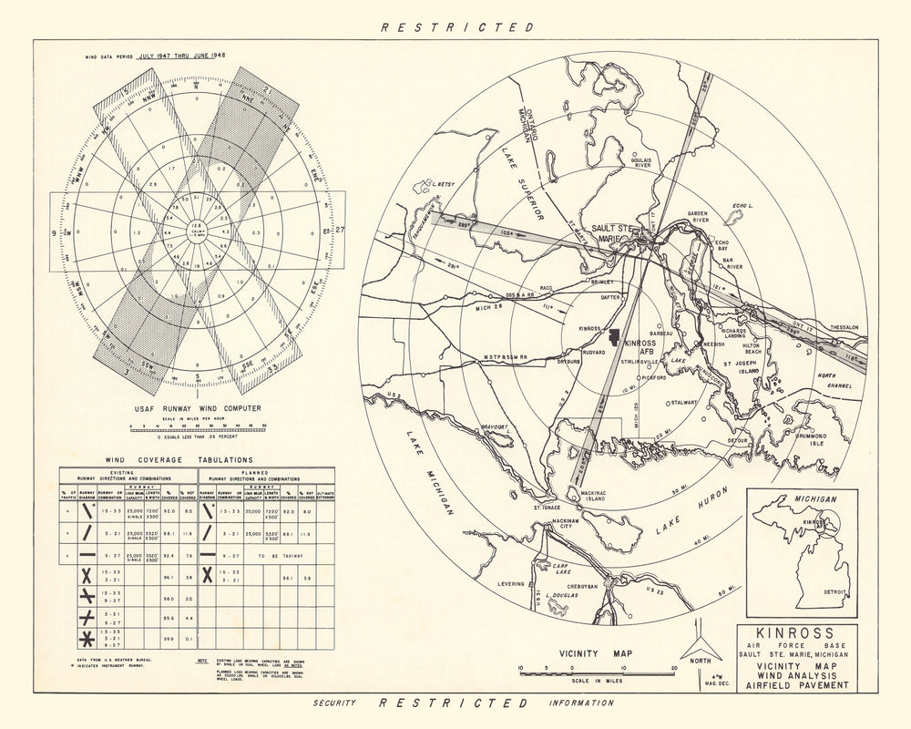 Vintage Map of the Kinross Air Force Base Vicinity, 1951 print style example