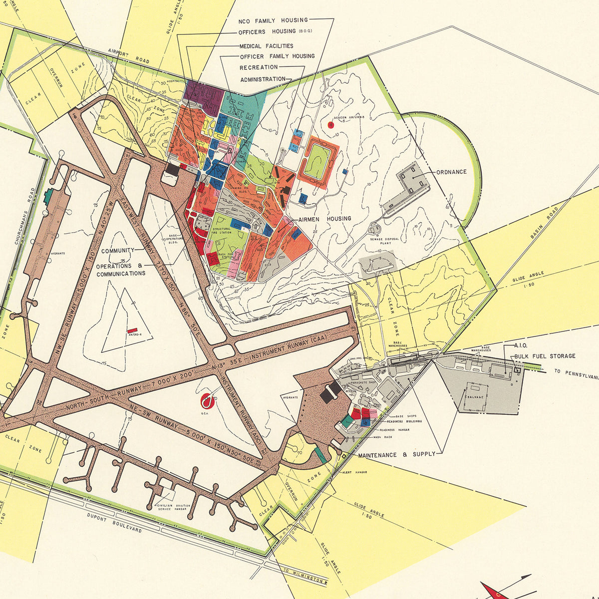 Restored historic details from the 1951 airfield map of Wilmington, Delaware