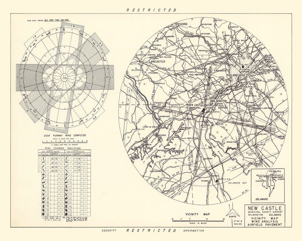 Vintage Map of the New Castle Municipal County Airport Vicinity, 1951 print style example