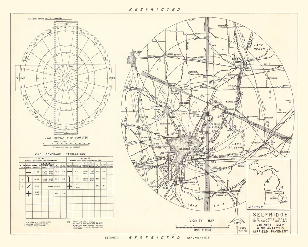 Vintage Map of the Selfridge Air Fore Base Vicinity, 1952 print style example