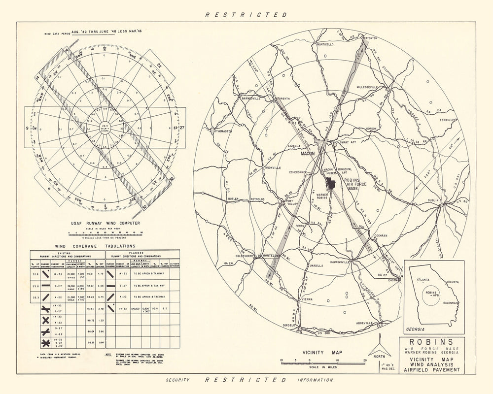 Vintage Map of the Robins Air Force Base Vicinity, 1952 print style example