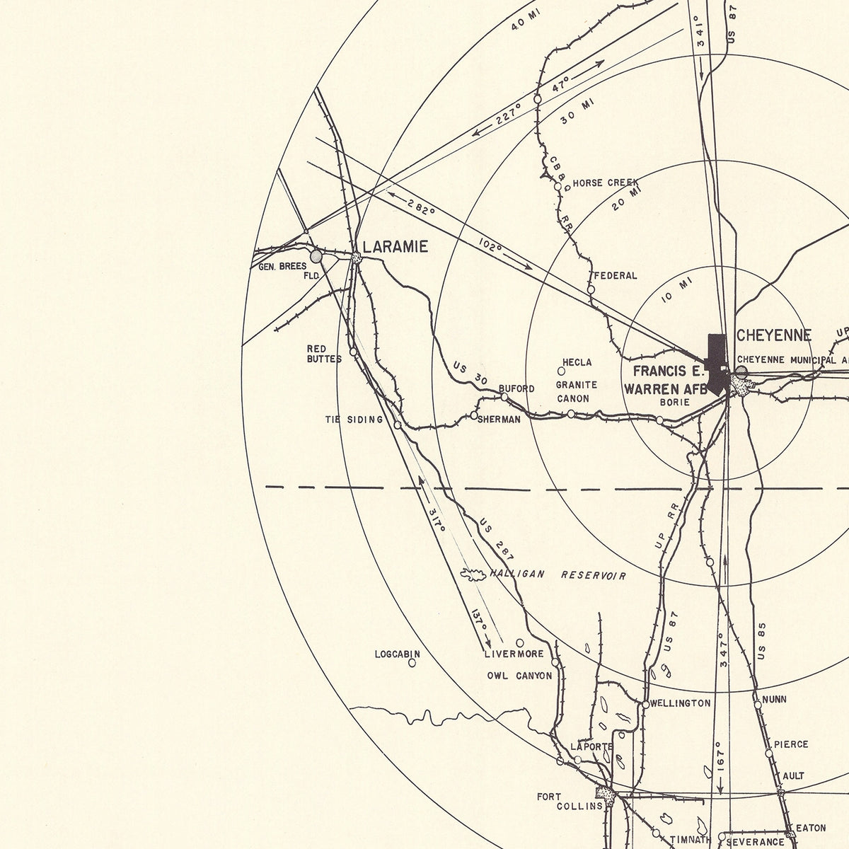 Restored historic details from the 1952 airfield map of Cheyenne, Wyoming