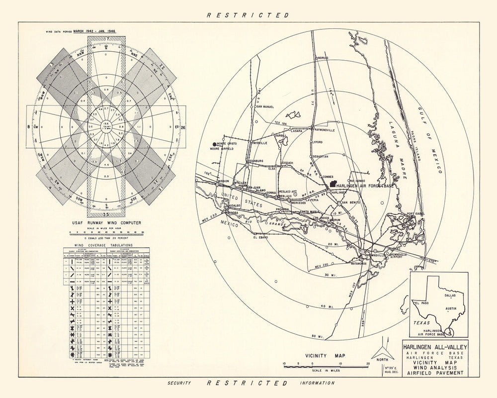 Vintage Map of the Harlingen All-Valley Air Force Base Vicinity, 1951 print style example