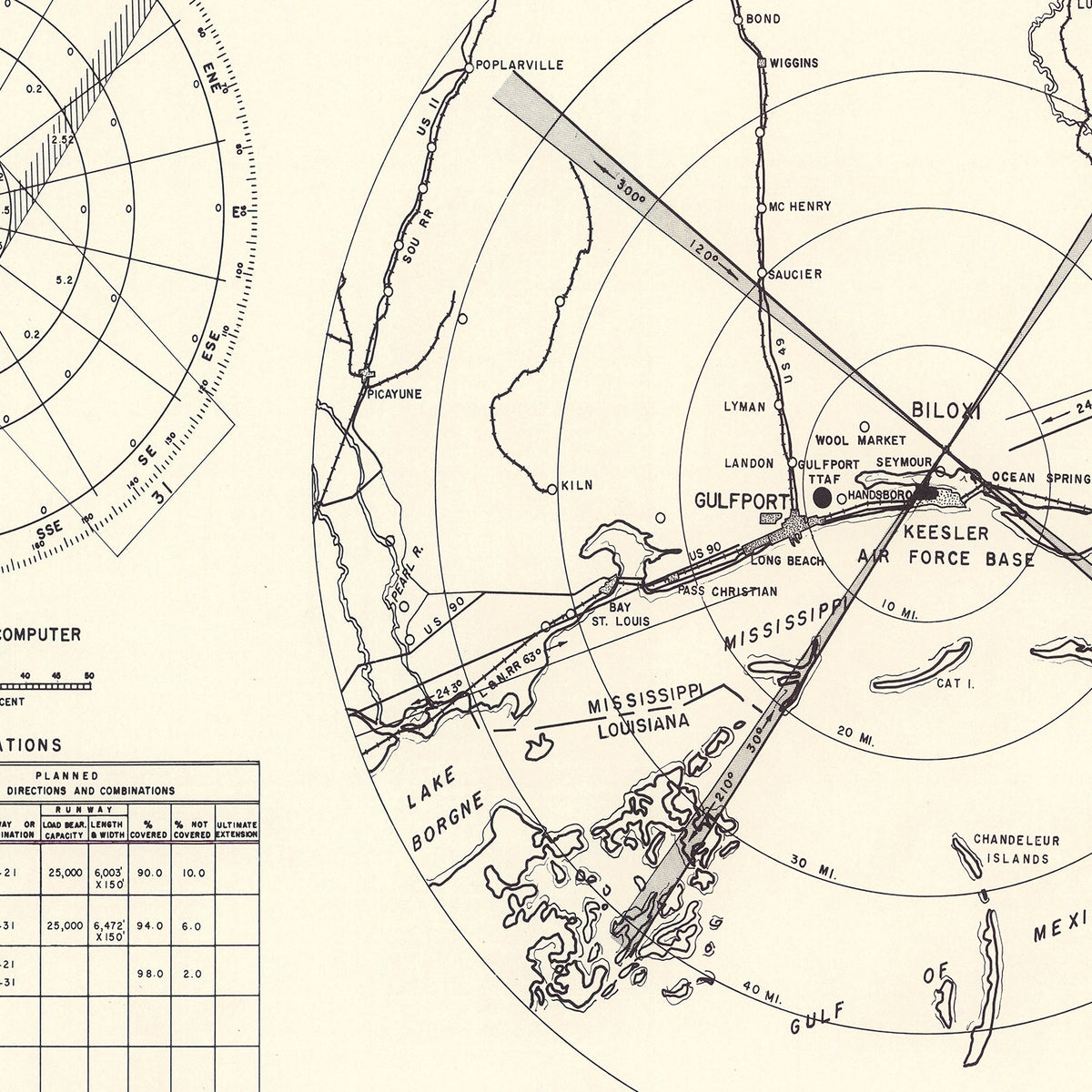Restored historic details from the 1950 airfield map of Biloxi, Mississippi
