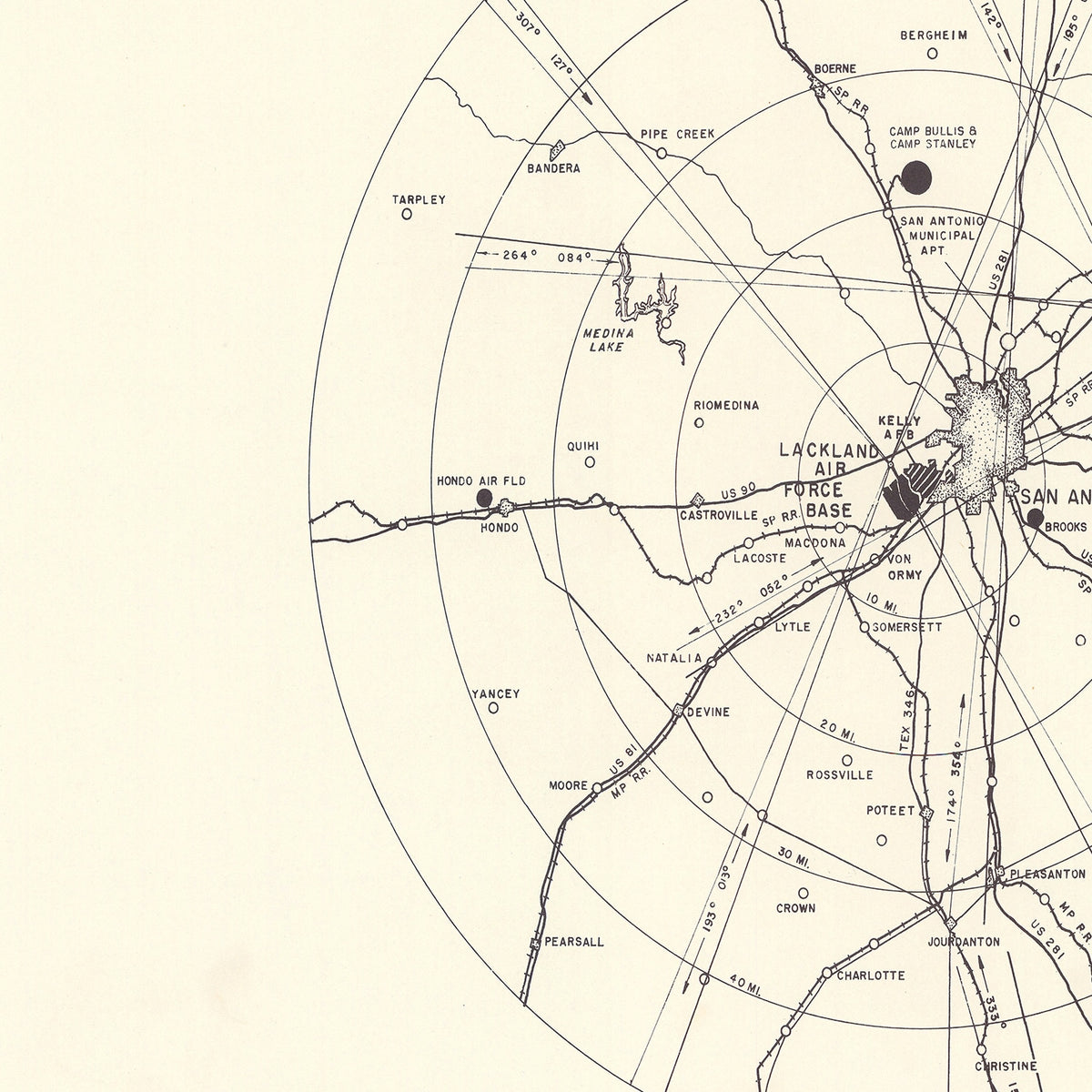 Restored historic details from the 1950 airfield map of San Antonio, Texas