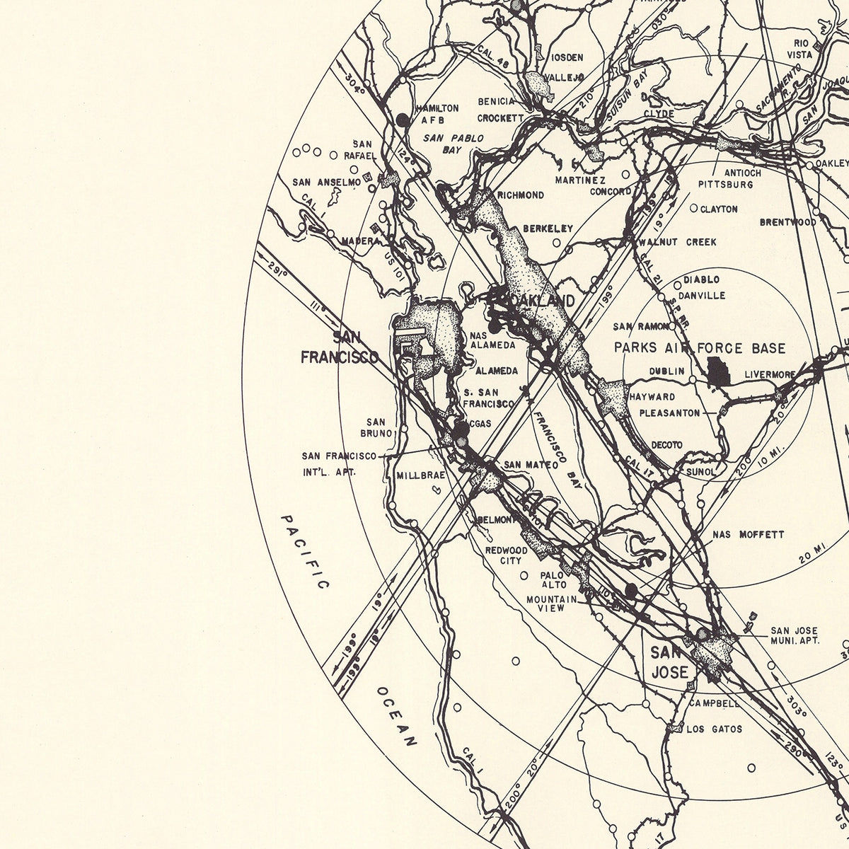 Restored historic details from the 1951 airfield map of Pleasanton, California