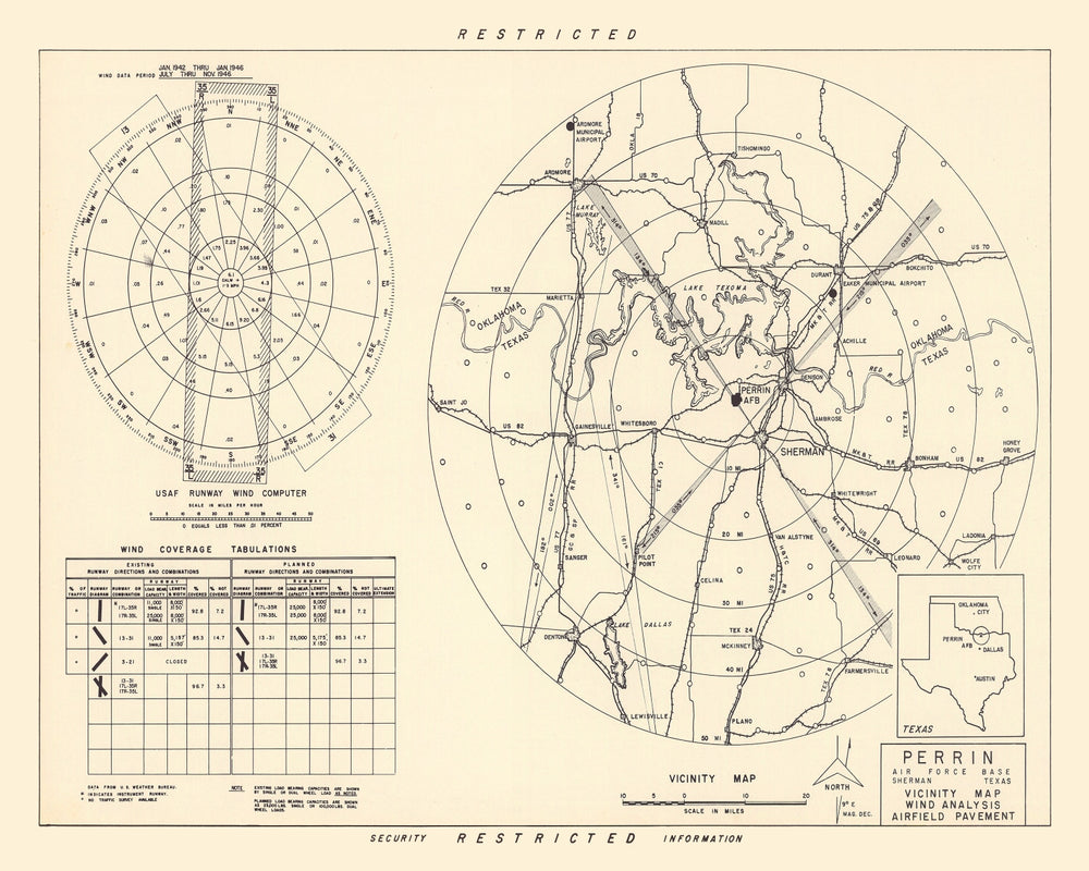 Vintage Map of the Perrin Air Force Base Vicinity, 1952 print style example