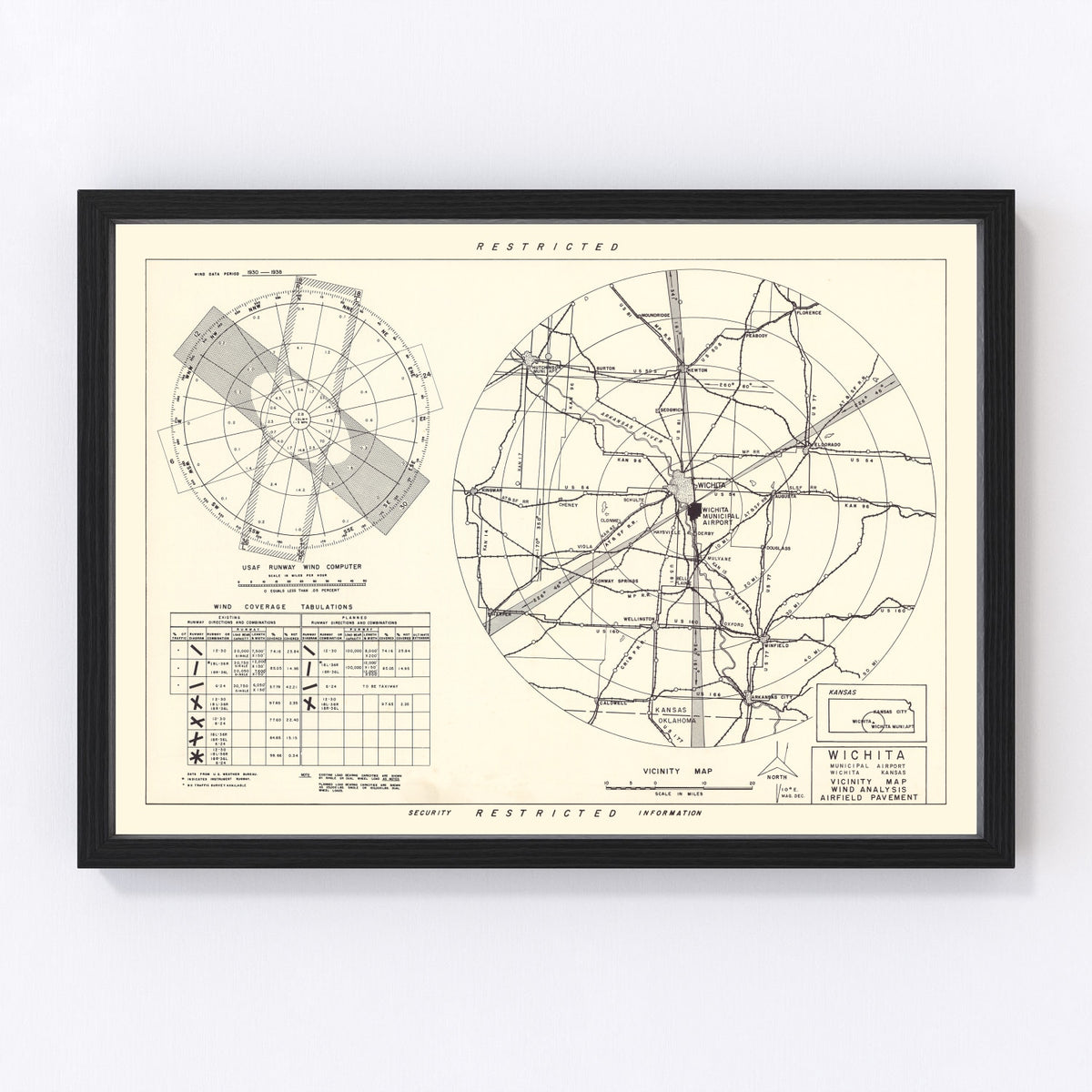 Wichita Municipal Airport Vicinity Vintage Map 1952