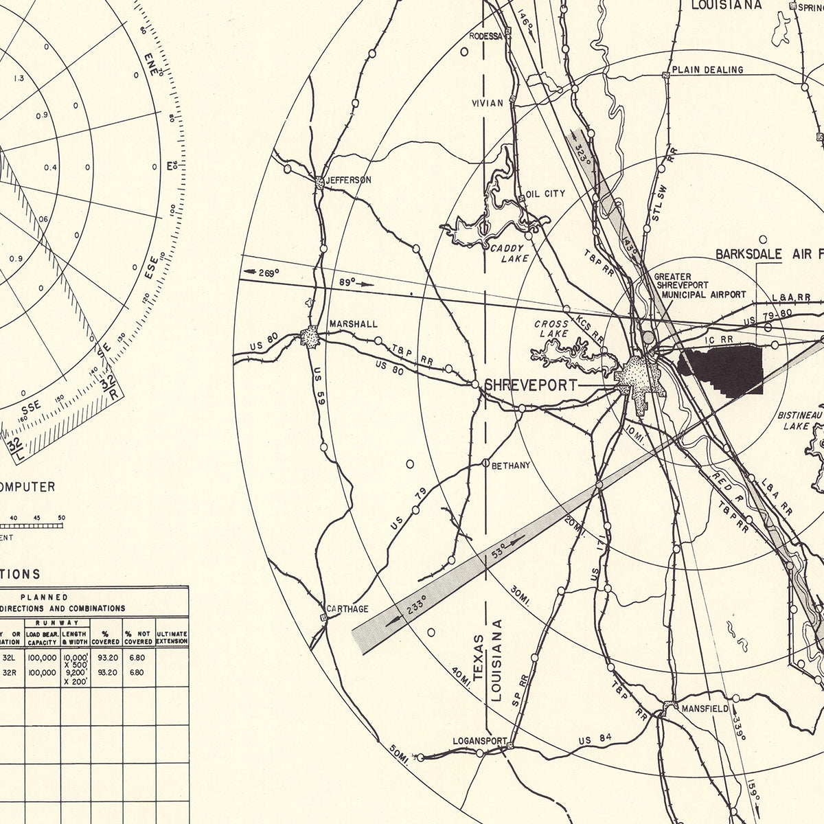 Restored historic details from the 1952 airfield map of Shreveport, Louisiana