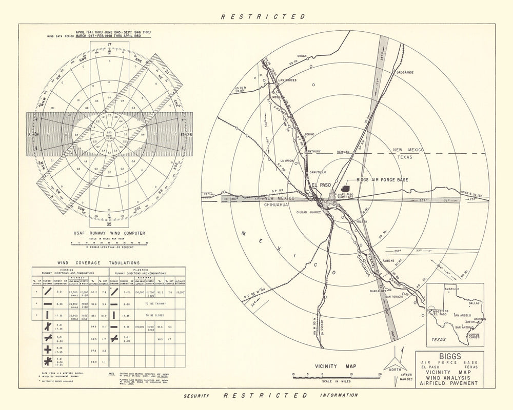 Vintage Map of the Biggs Air Force Base Vicinity, 1951 print style example