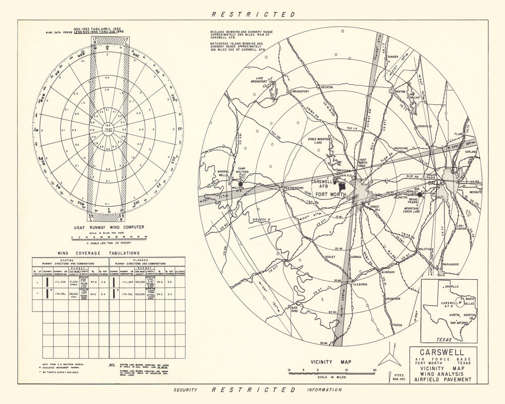 Vintage Map of the Carswell Air Force Base Vicinity, 1952 print style example