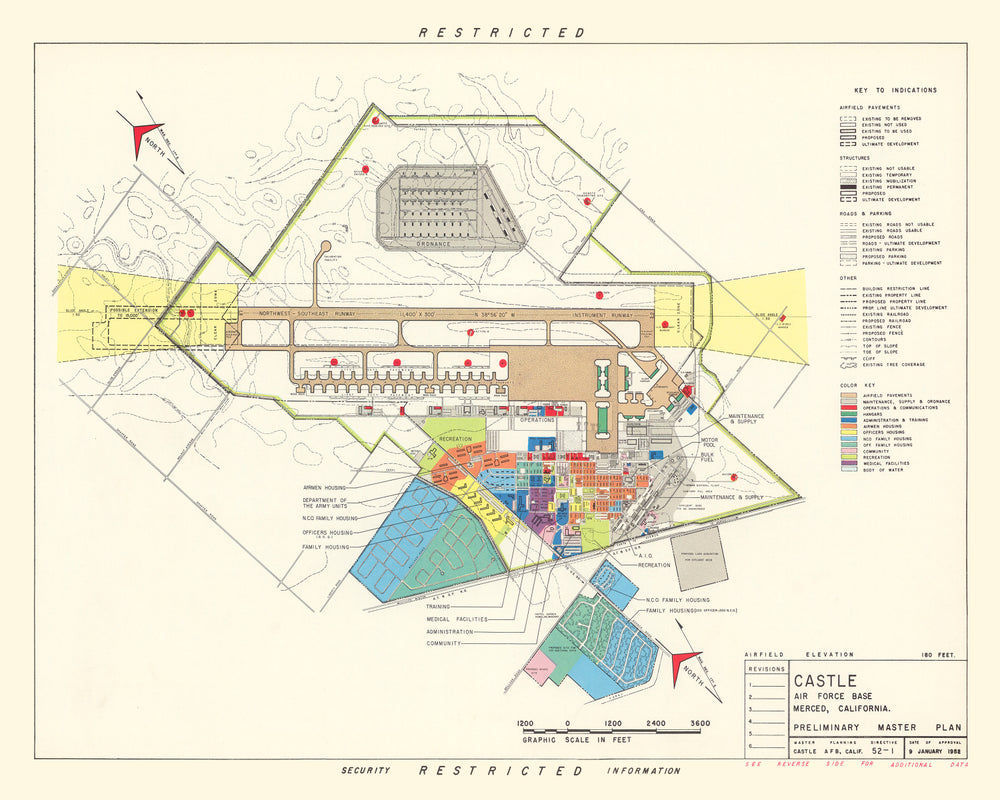 Vintage Map of Castle Air Force Base, 1952 print style example