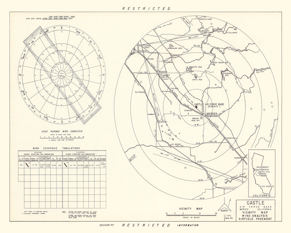Vintage Map of the Castle Air Force Base Vicinity, 1952 print style example