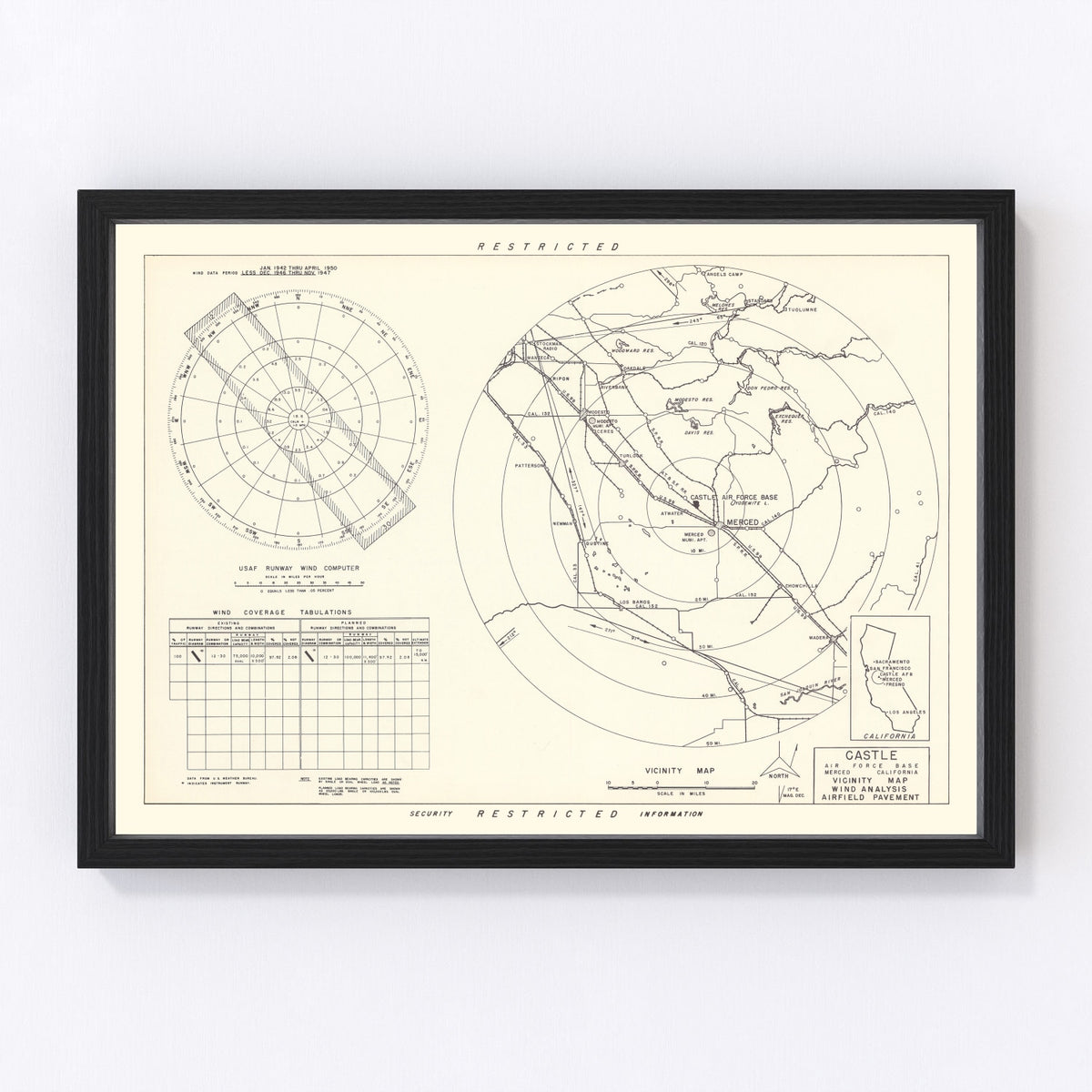 Castle Air Force Base Vicinity Vintage Map 1952